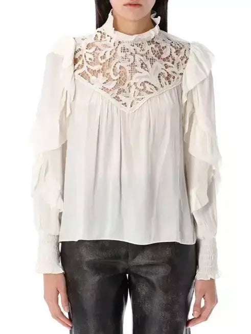 Lace and Ruffle Long-Sleeve Blouse - Tops