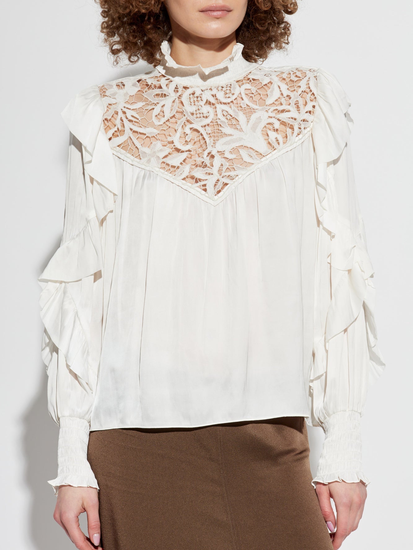 Lace and Ruffle Long-Sleeve Blouse - Tops