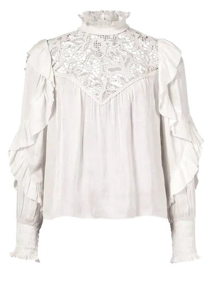 Lace and Ruffle Long-Sleeve Blouse - Tops