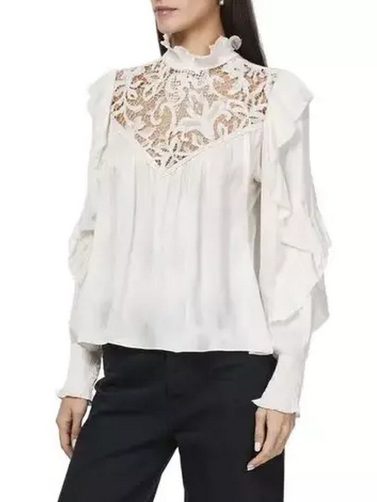 Lace and Ruffle Long-Sleeve Blouse - Tops