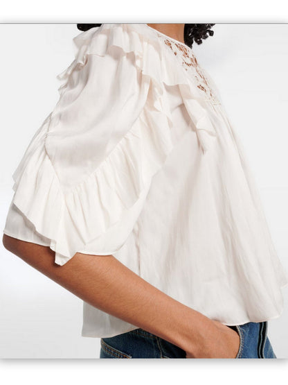 Lace and Ruffle Short-Sleeve Blouse - Tops
