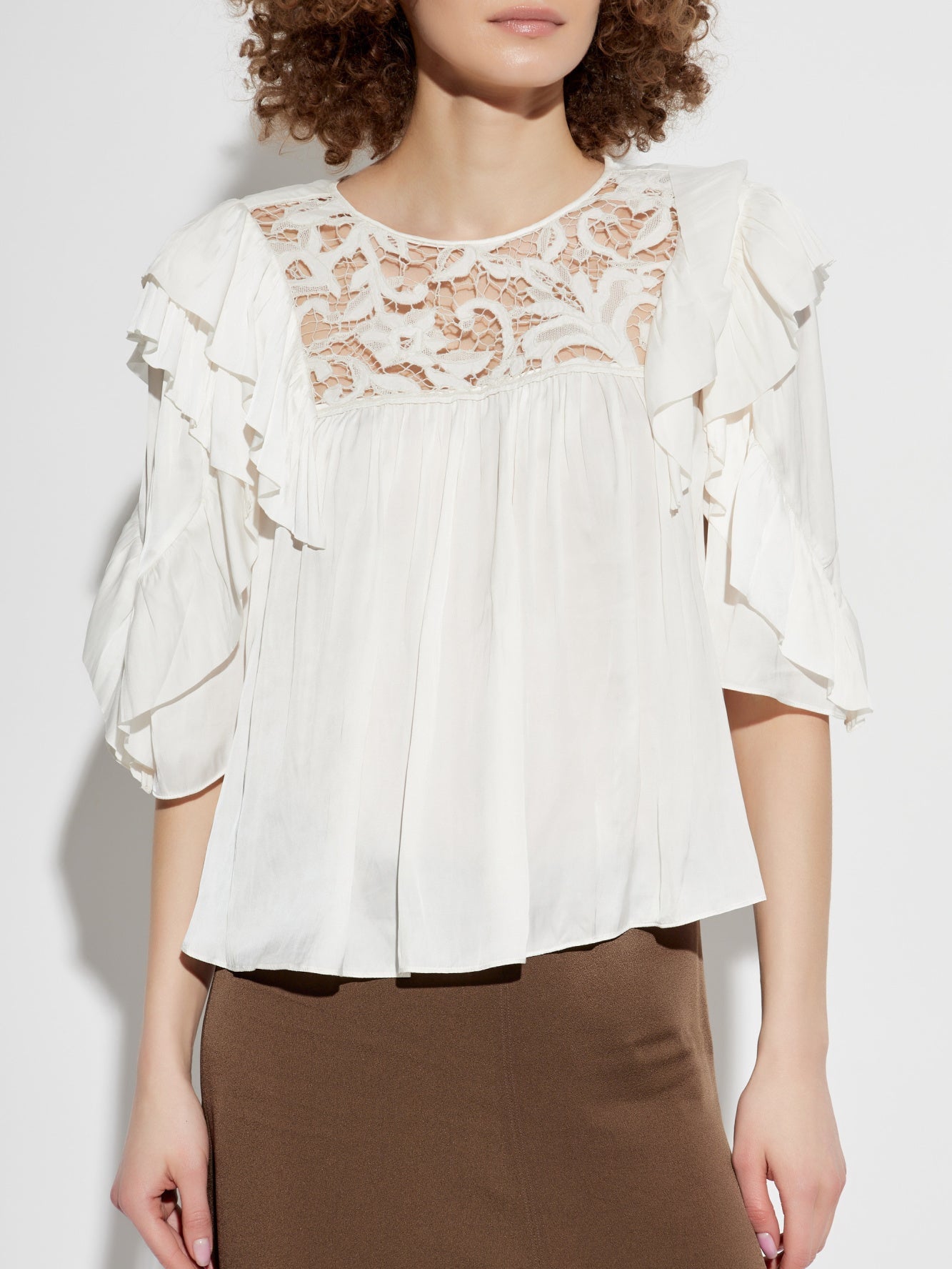 Lace and Ruffle Short-Sleeve Blouse - Tops
