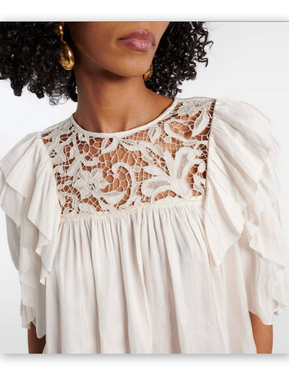 Lace and Ruffle Short-Sleeve Blouse - Tops