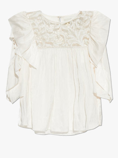 Lace and Ruffle Short-Sleeve Blouse - Tops