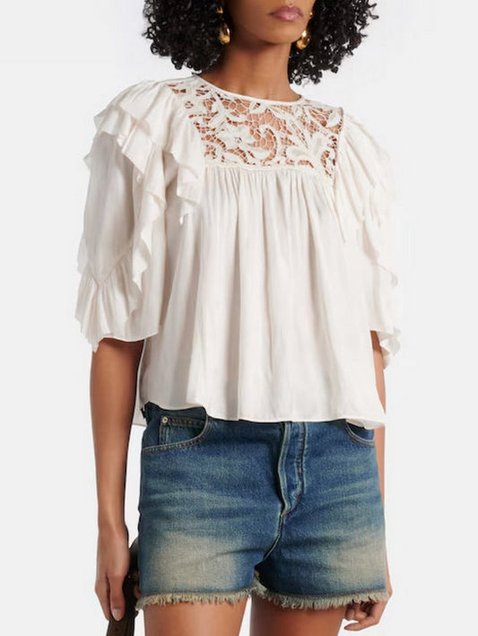 Lace and Ruffle Short-Sleeve Blouse - Tops