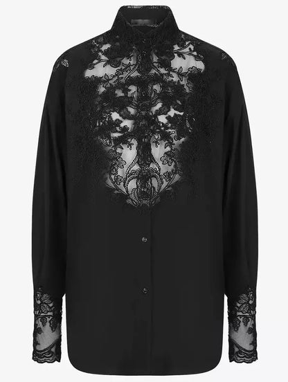 Lace and Silk Oversize Shirt in Black - Tops