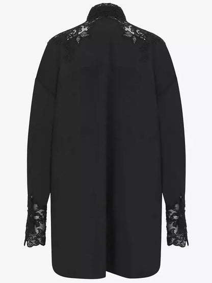 Lace and Silk Oversize Shirt in Black - Tops