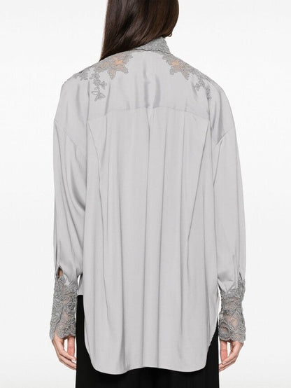 Lace and Silk Oversize Shirt in Grey - Tops