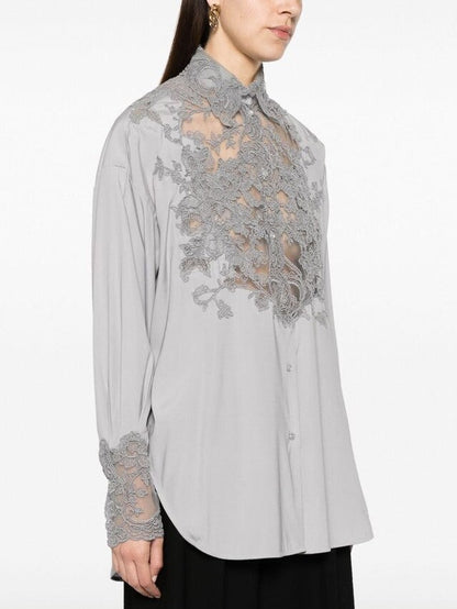 Lace and Silk Oversize Shirt in Grey - Tops