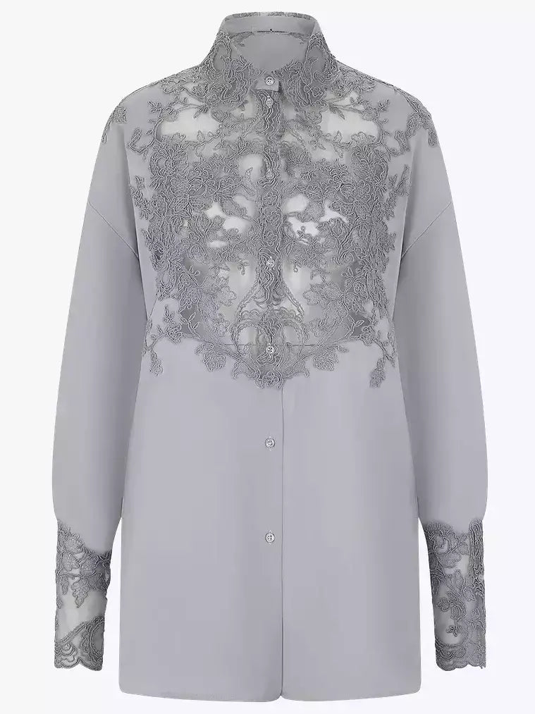 Lace and Silk Oversize Shirt in Grey - Tops