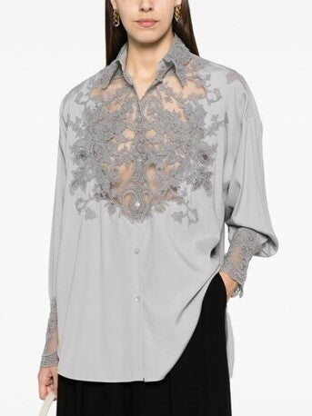 Lace and Silk Oversize Shirt in Grey - Tops