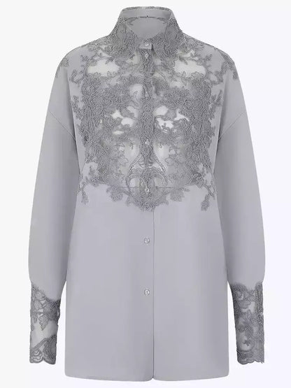 Lace and Silk Oversize Shirt in Grey - Tops