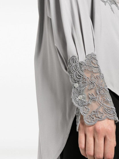 Lace and Silk Oversize Shirt in Grey - Tops