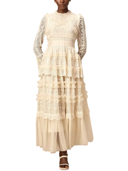 Lace and Tulle Paneled Ruffled Maxi Dress - Dresses