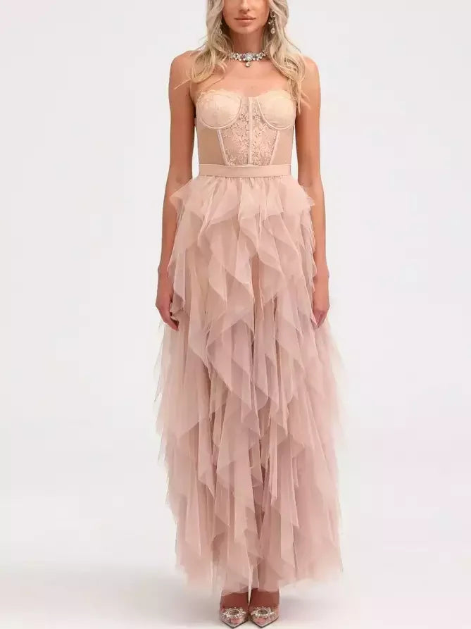 Lace Bustier Corset Tulle Layered Strapless Gown - XS - Dresses