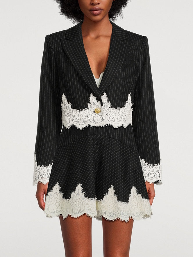 Black pinstripe slip dress with lace trim from the Lace-Detail Pinstripe Cropped Blazer Set
