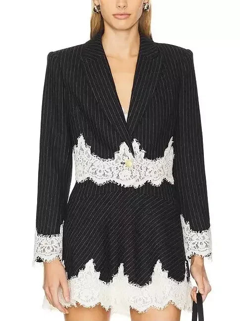 Lace-Detail Pinstripe Cropped Blazer and Dress Set showcasing stylish pinstripe cropped blazer