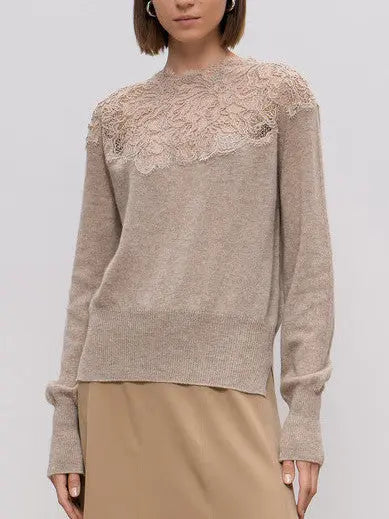 Lace Embroidered Cashmere Sweater in Beige - Sweaters & Knitwear