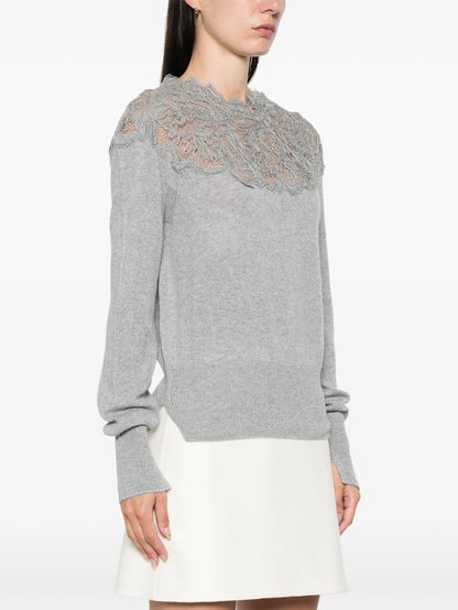 Lace Embroidered Cashmere Sweater in Grey - Sweaters & Knitwear