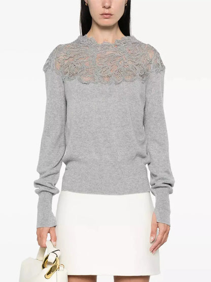 Lace Embroidered Cashmere Sweater in Grey - Sweaters & Knitwear