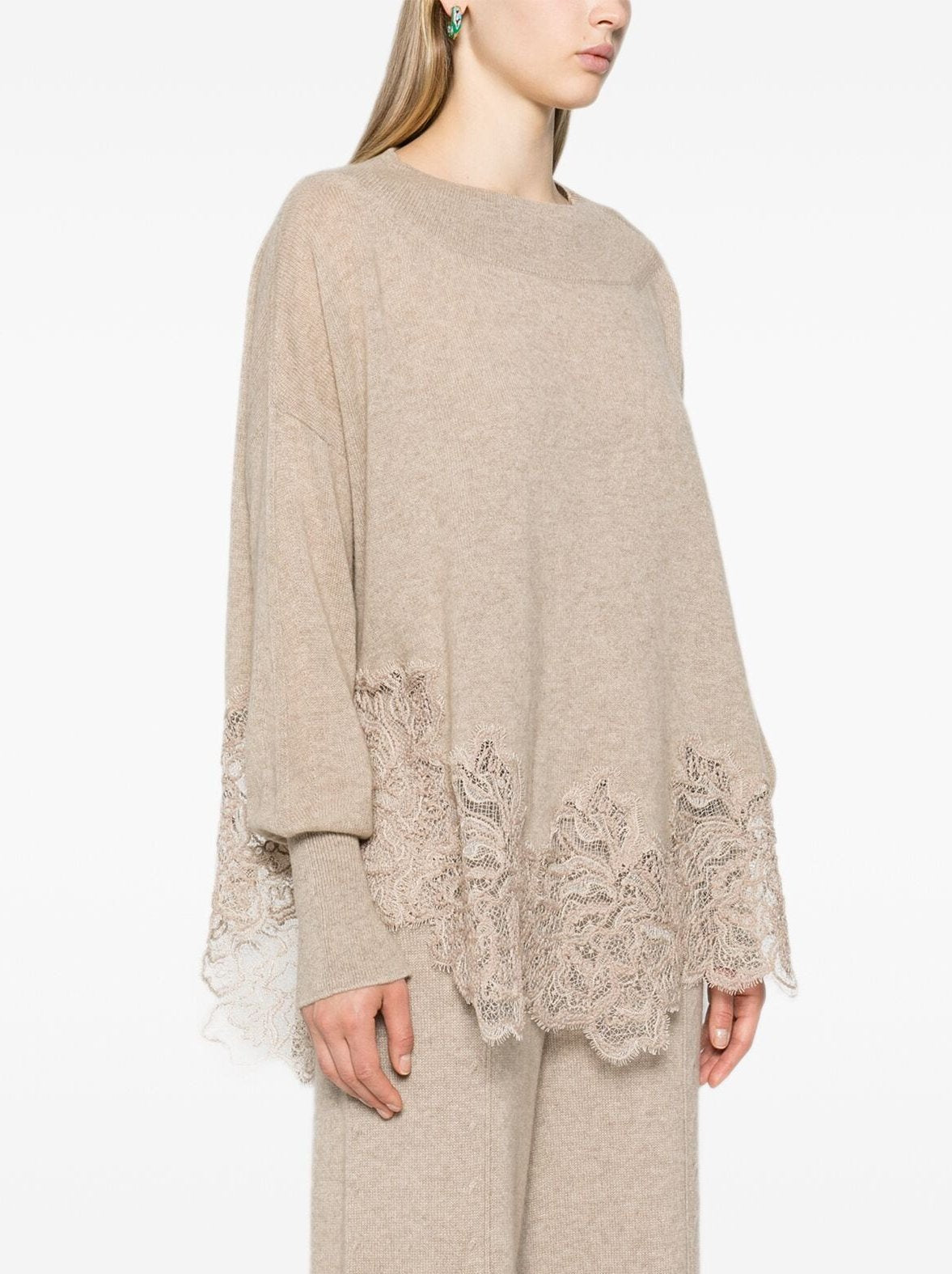 Lace-Hem Cashmere Sweater in Beige - Sweaters & Knitwear