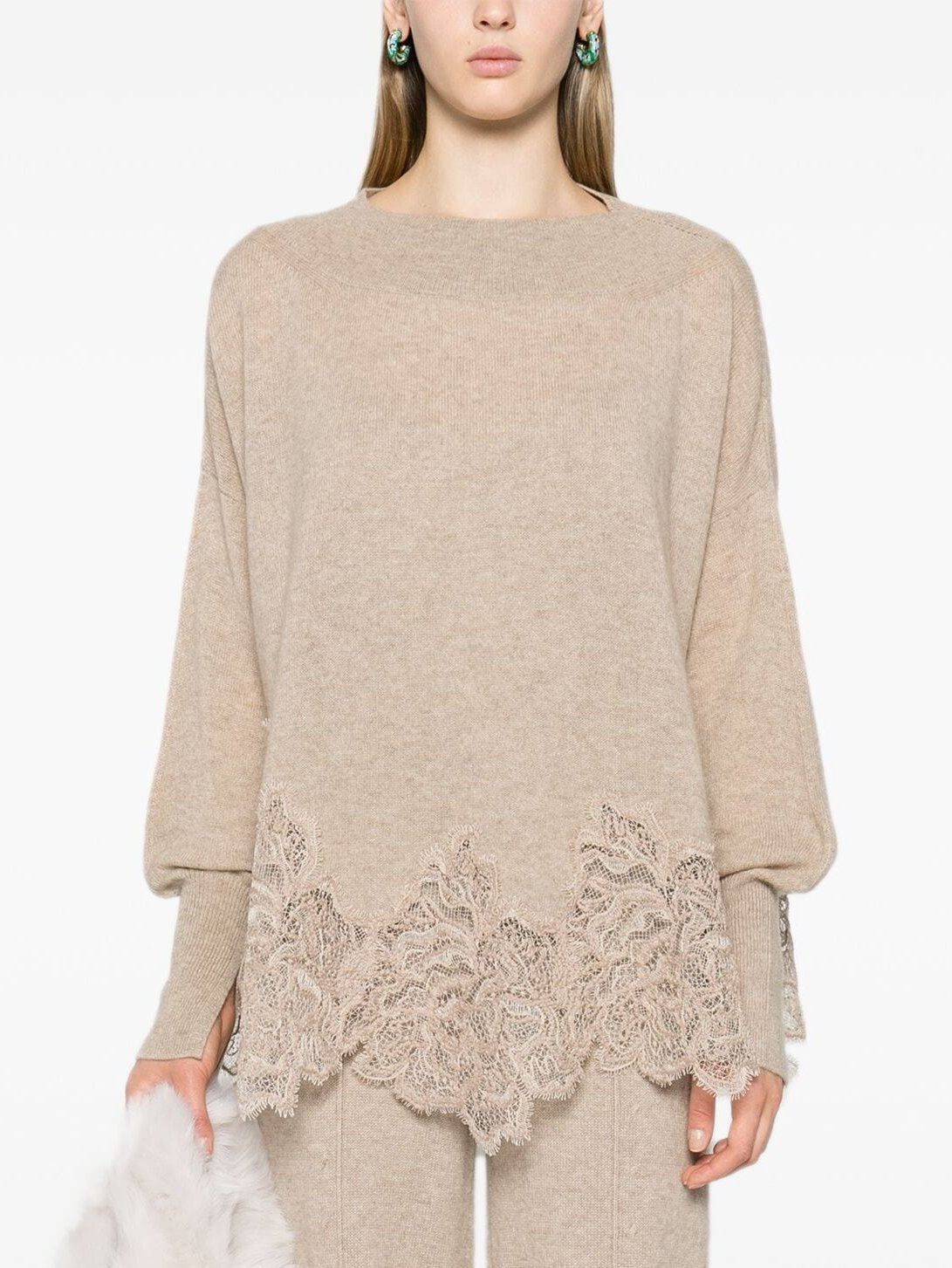 Lace-Hem Cashmere Sweater in Beige - Sweaters & Knitwear