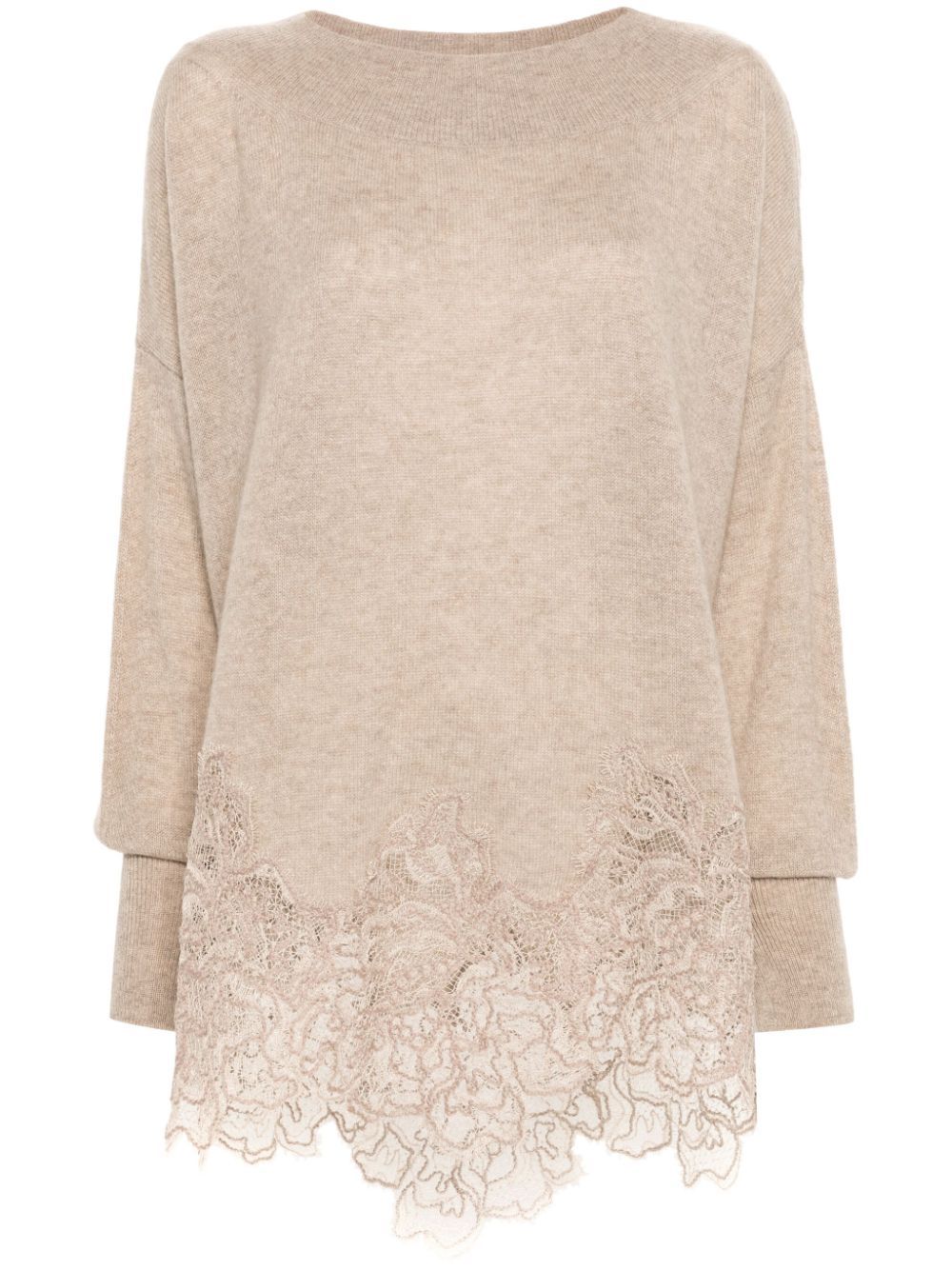 Lace-Hem Cashmere Sweater in Beige - Sweaters & Knitwear