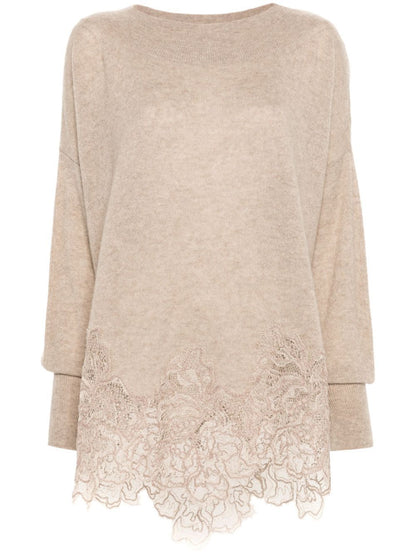 Lace-Hem Cashmere Sweater in Beige - Sweaters & Knitwear