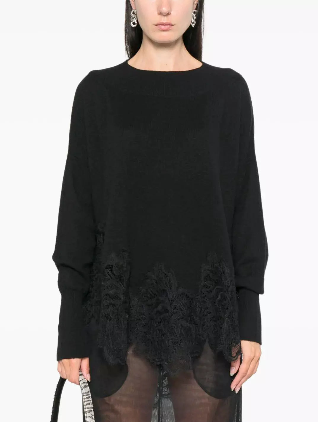 Lace-Hem Cashmere Sweater in Black - Sweaters & Knitwear