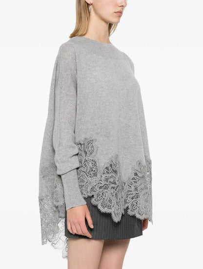 Lace-Hem Cashmere Sweater in Grey - Sweaters & Knitwear