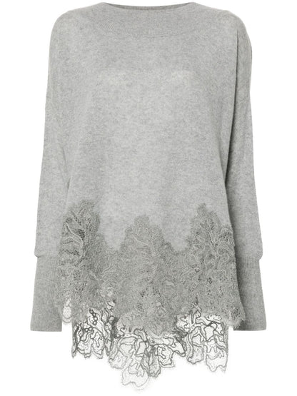 Lace-Hem Cashmere Sweater in Grey - Sweaters & Knitwear