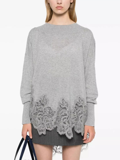 Lace-Hem Cashmere Sweater in Grey - Sweaters & Knitwear