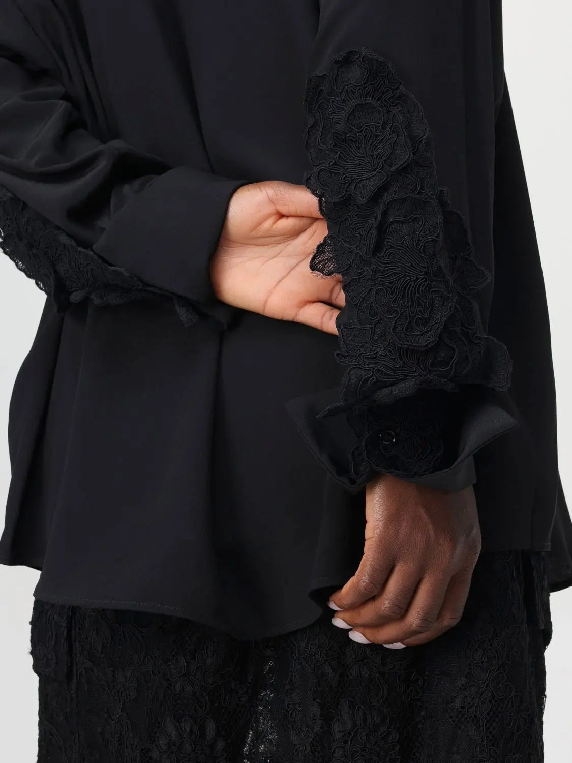 Lace Insert Long Silk Black Shirt - Tops