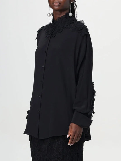 Lace Insert Long Silk Black Shirt - Tops