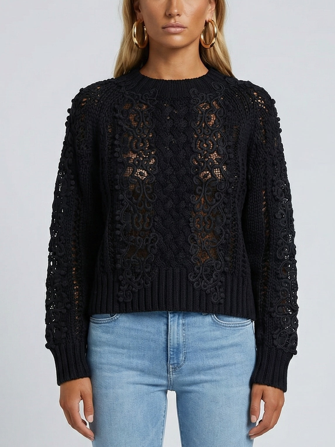 Lace-Knit Long-Sleeve Sweater - Sweaters & Knitwear
