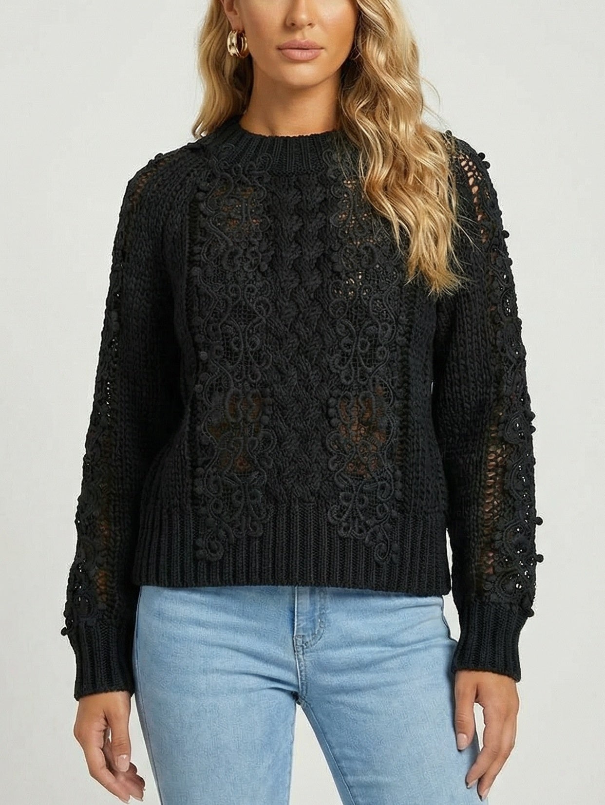 Lace-Knit Long-Sleeve Sweater - Sweaters & Knitwear