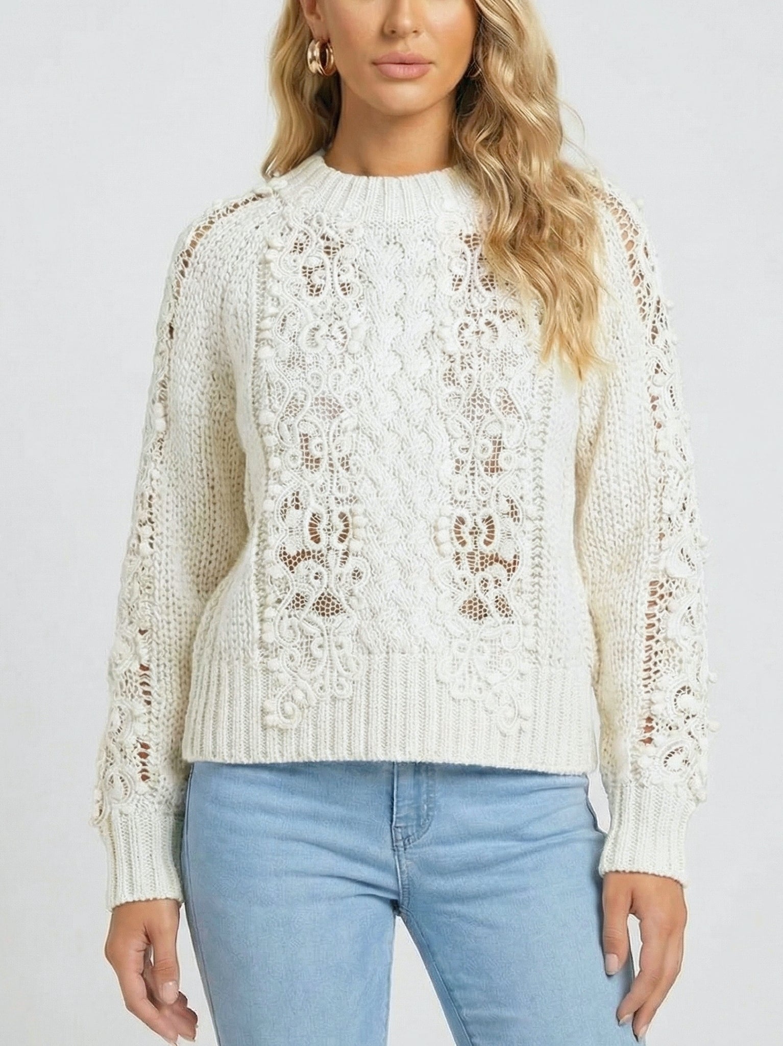 Lace-Knit Long-Sleeve Sweater - Small / White - Sweaters & Knitwear