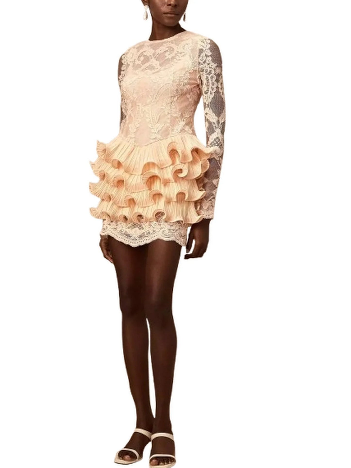 Lace Mini Dress with Ruffle Tiered Trim - Dresses