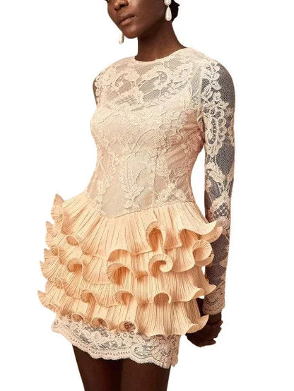 Lace Mini Dress with Ruffle Tiered Trim - Dresses