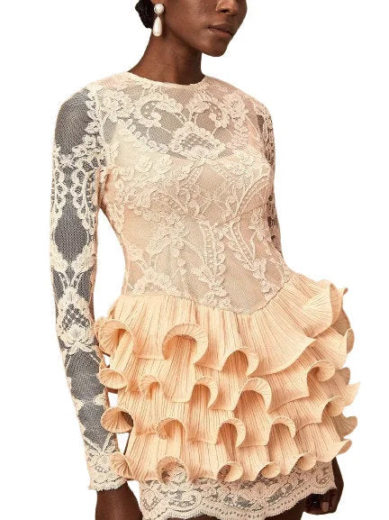 Lace Mini Dress with Ruffle Tiered Trim - Dresses