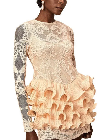Lace Mini Dress with Ruffle Tiered Trim - Dresses