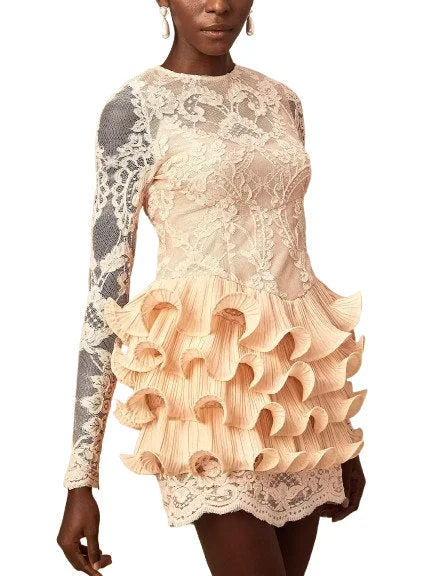 Lace Mini Dress with Ruffle Tiered Trim - Dresses