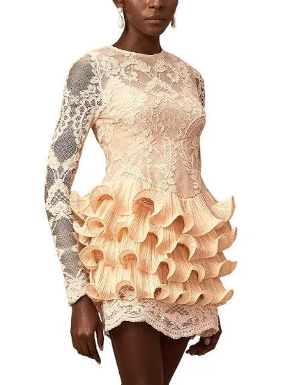 Lace Mini Dress with Ruffle Tiered Trim - Dresses