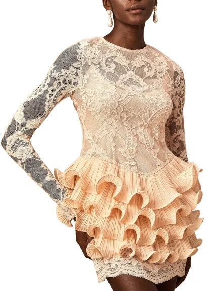 Lace Mini Dress with Ruffle Tiered Trim - Dresses
