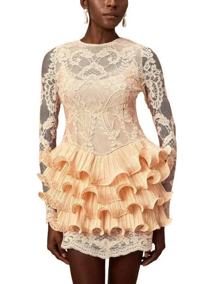 Lace Mini Dress with Ruffle Tiered Trim - Dresses