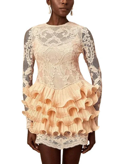 Lace Mini Dress with Ruffle Tiered Trim - Dresses
