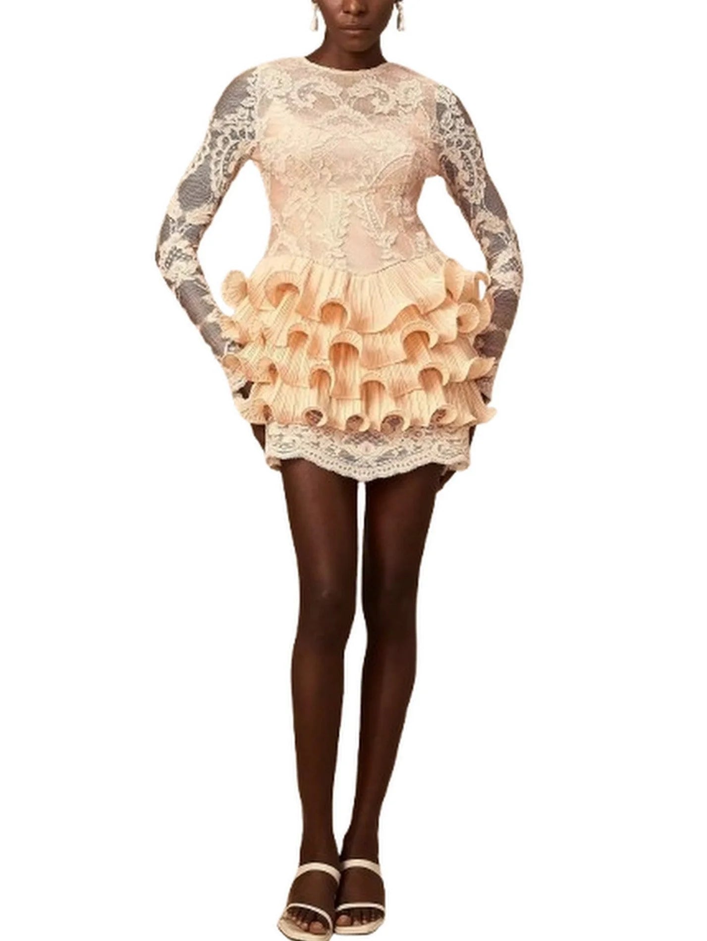 Lace Mini Dress with Ruffle Tiered Trim - M - Dresses