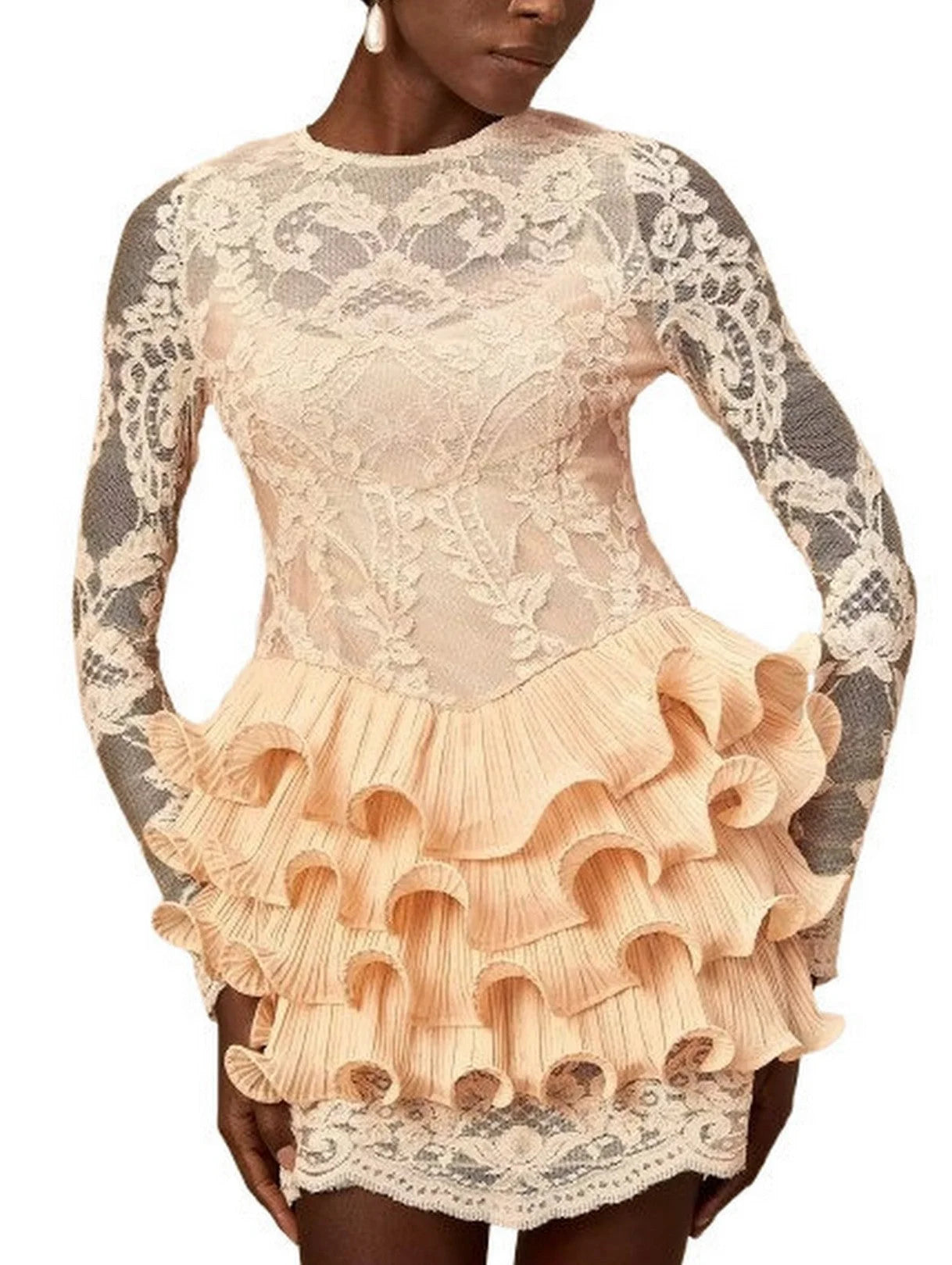 Lace Mini Dress with Ruffle Tiered Trim - S - Dresses