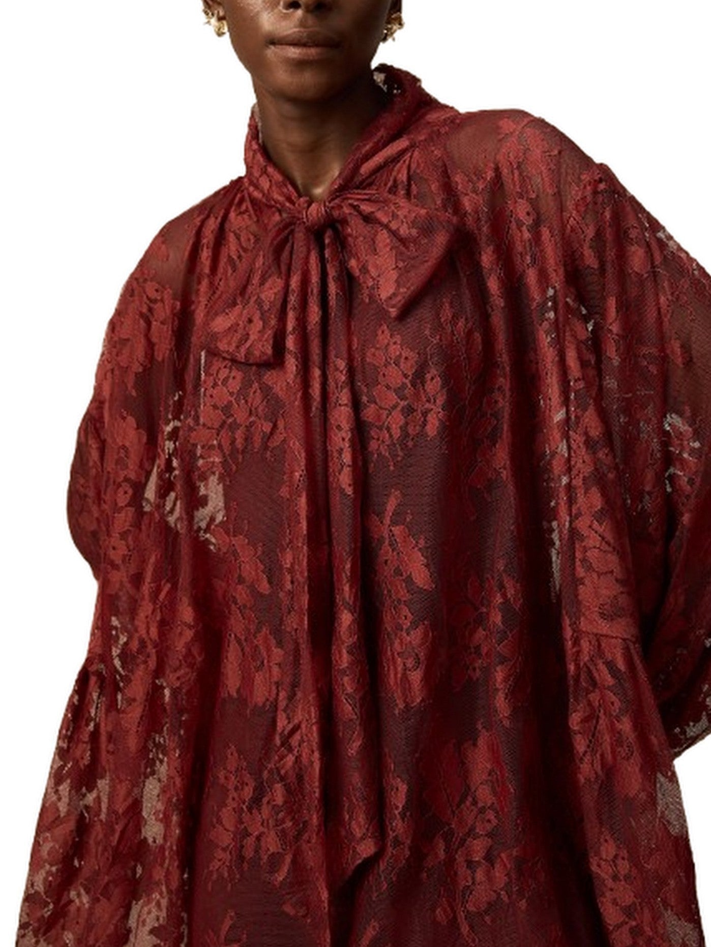 Lace Oversize Dress with Neck-Tie in Red - Dresses