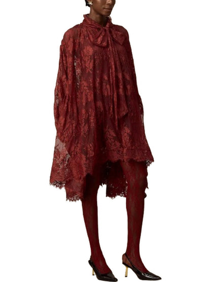 Lace Oversize Dress with Neck-Tie in Red - Dresses